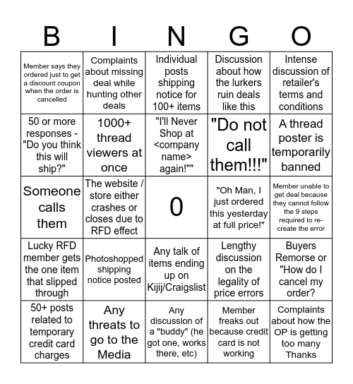 RFD Price Error Bingo Card