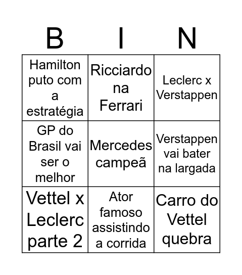 Formula 1 2020 Bingo Card