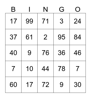 NUMBER Bingo Card