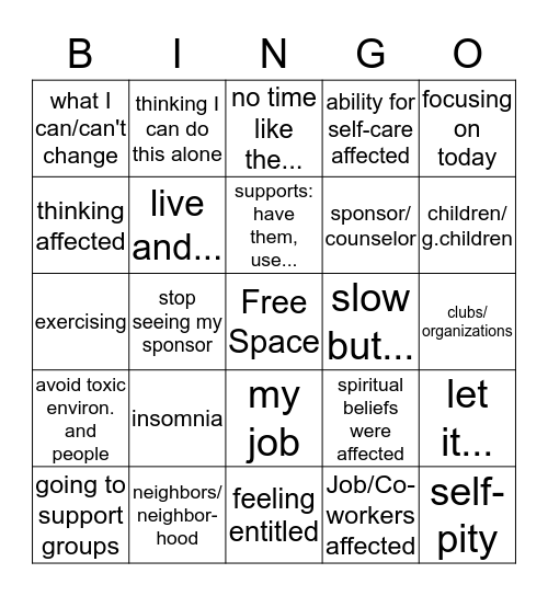 Recovery Bingo Card