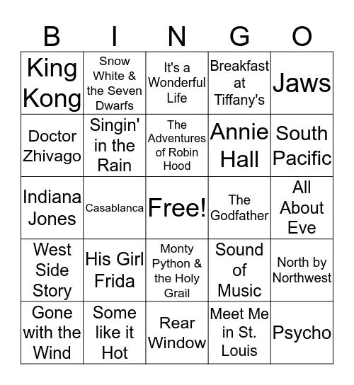 A Day at the Movies Bingo Card