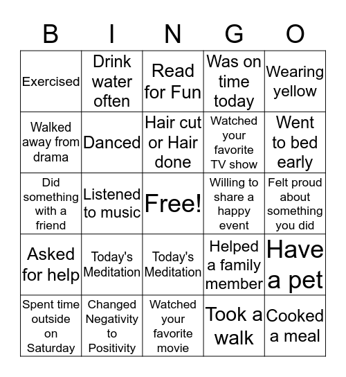 Self-Care Bingo Card