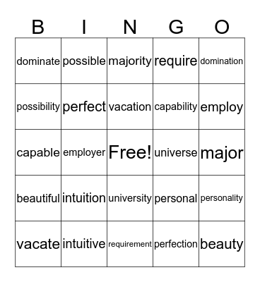 Suffix BIngo Card