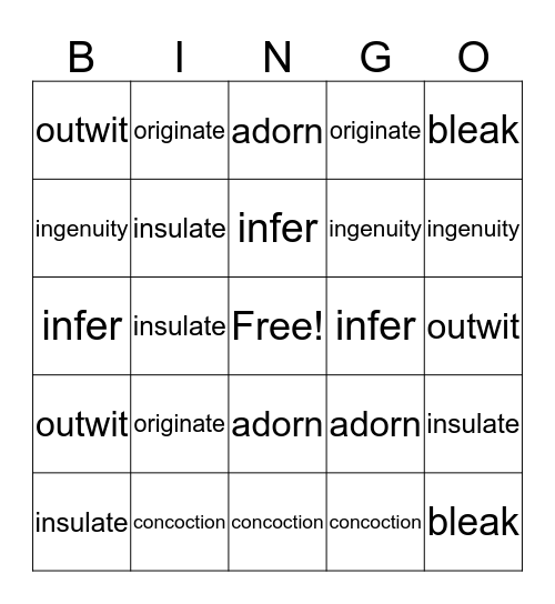 Vocabulary Bingo Game Bingo Card