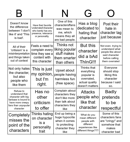 "THIS CHARACTER IS SO OVERRATED" Bingo Card