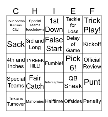 KC CHIEFS Bingo Card