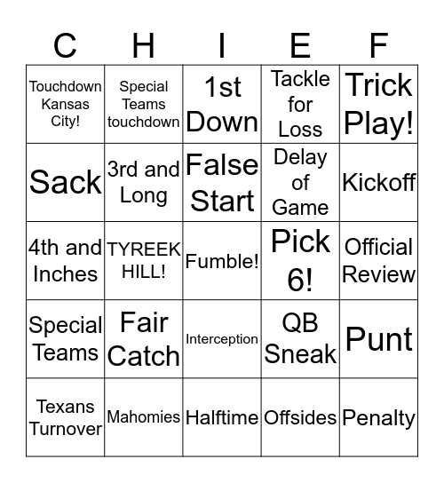 KC CHIEFS Bingo Card