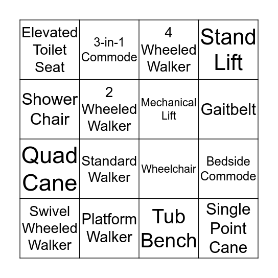 Assistive Device Bingo Card