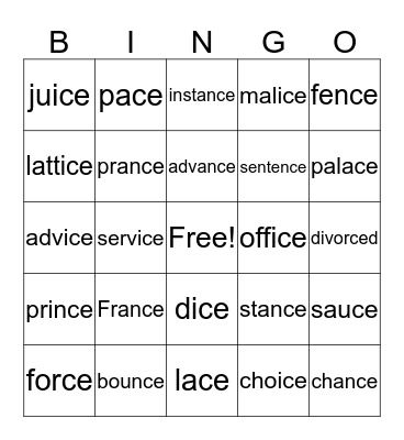 ce, ci,and cy words Bingo Card