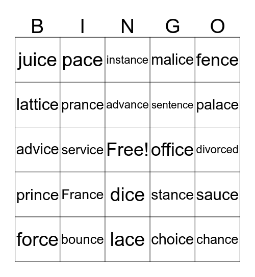 ce, ci,and cy words Bingo Card