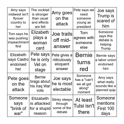 January Democratic Debate Bingo Card