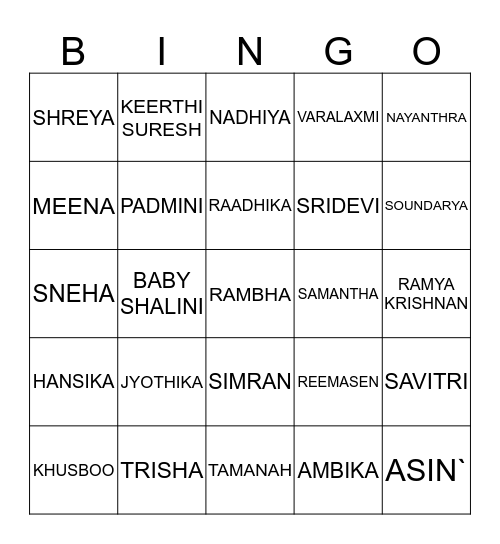 TAMIL ACTRESS Bingo Card