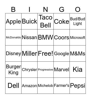 Super Bowl Commericals Bingo Card