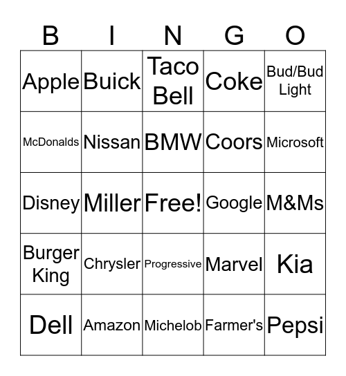 Super Bowl Commericals Bingo Card