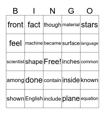 500 vocabulary Bingo Card