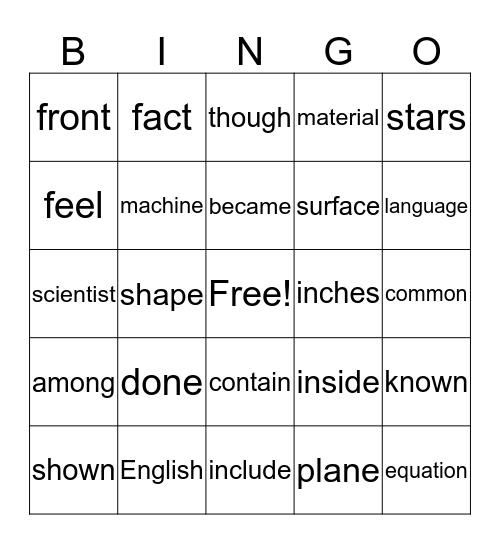 500 vocabulary Bingo Card