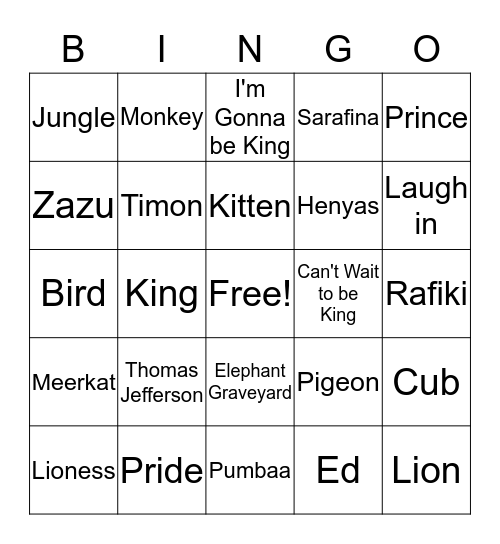 Lion King Bingo Card