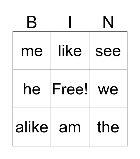 sightwords Bingo Card