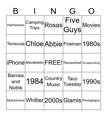 Dean and Debbie's 30th Anniversary  Bingo Card