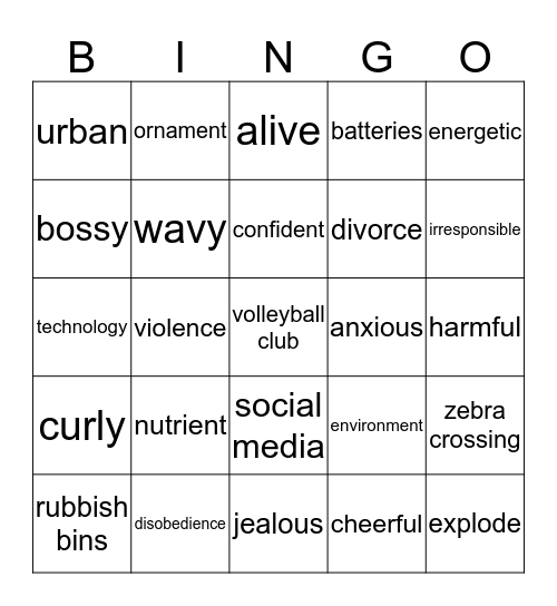 Form 1 & Form 2 Vocabulary Bingo Card
