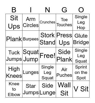 Fitness Testing BINGO Card