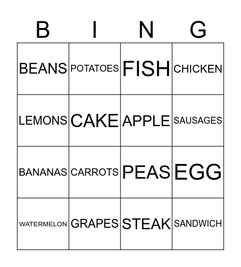 FOOD Bingo Card