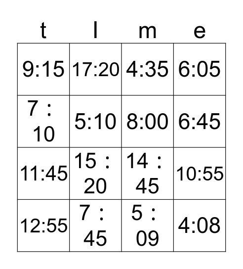 time Bingo Card