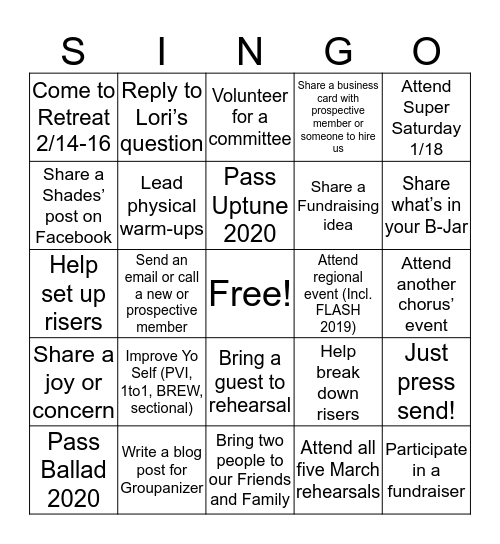 Shades of Harmony SINGO 2020 Bingo Card