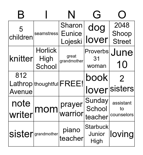Mom's 75th Birthday Bingo Card