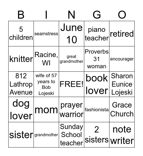Mom's 75th Birthday Bingo Card