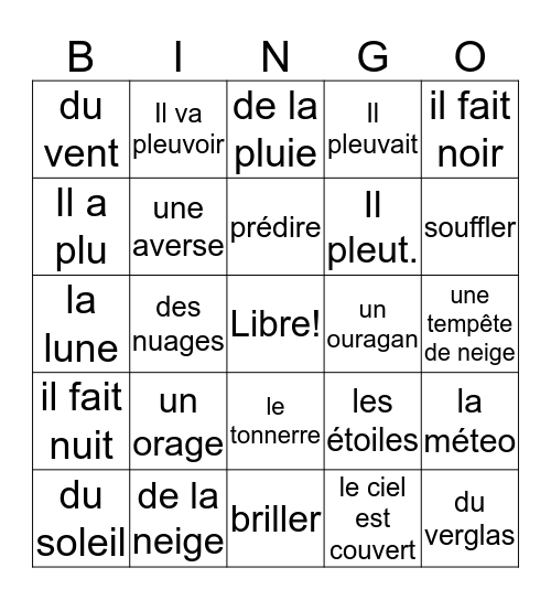 Français 3 La Pluie et du Beau Temps - J. Bowers Bingo Card