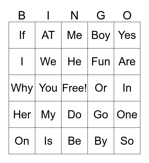 Sight Words Bingo Card