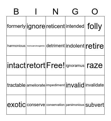 Vocabulary #1 Bingo Card