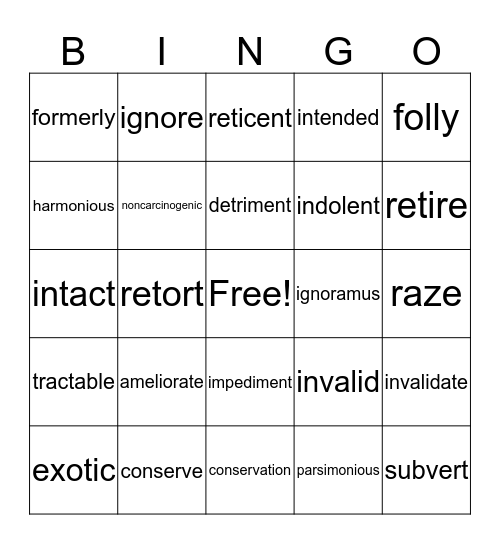 Vocabulary #1 Bingo Card