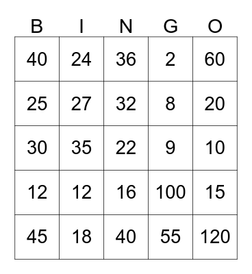 Time Tables Bingo Card