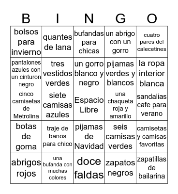 La Ropa Bingo Card