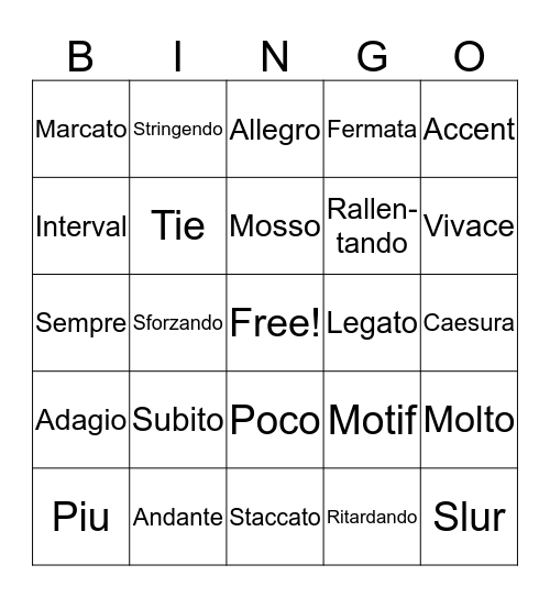 Music Vocabulary Bingo Card