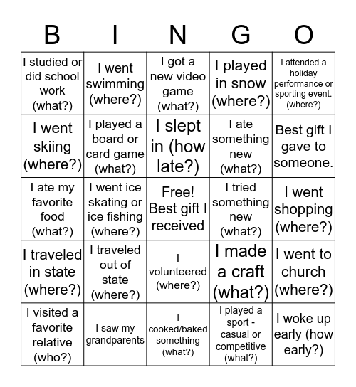 Post-Winter Break Bingo Card
