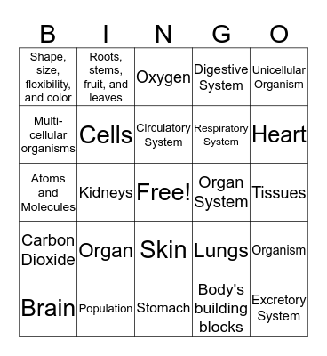 Levels of Organization Bingo Card