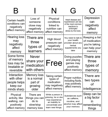 Master of Memory  Bingo Card