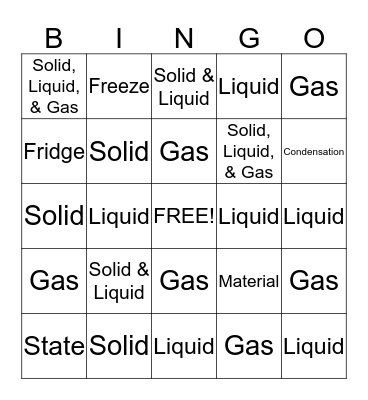 States of Matter Bingo Card