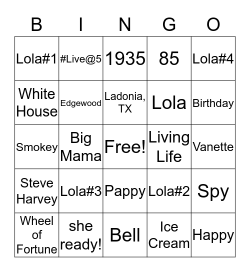 Lola Bell Turns 85! Bingo Card
