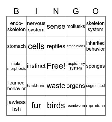 Science - Animal Kingdom Bingo Card