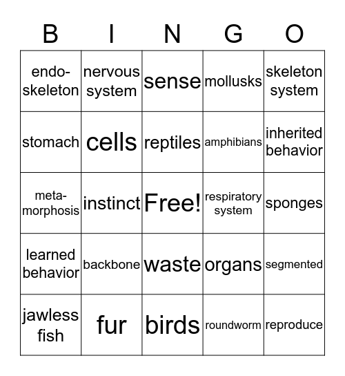 Science - Animal Kingdom Bingo Card