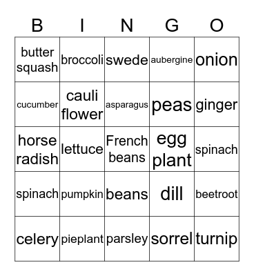 Vegetables  Bingo Card