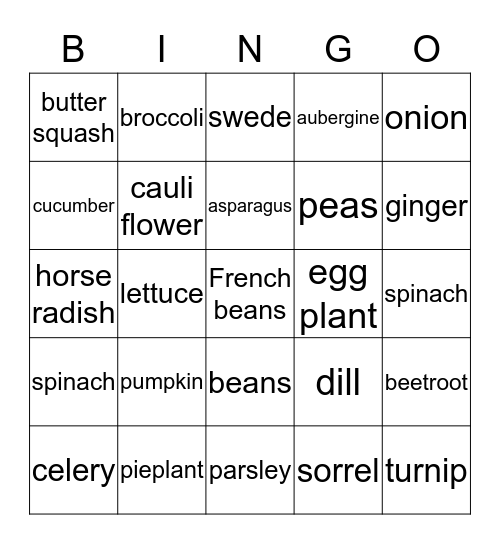 Vegetables  Bingo Card