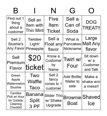 Twistee Treat Bingo Card