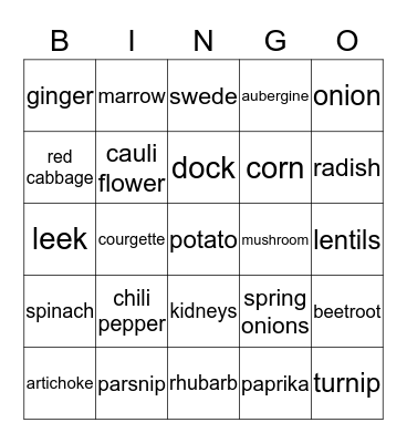 Vegetables  Bingo Card