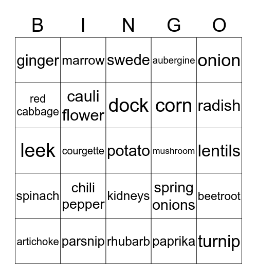 Vegetables  Bingo Card