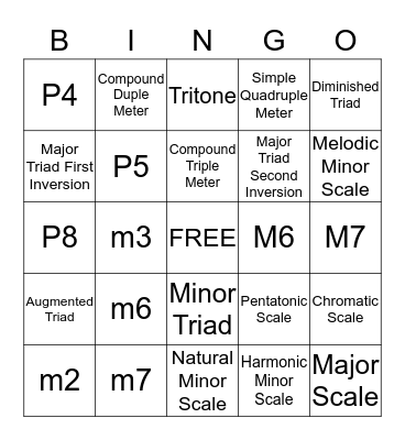 Aural Skills Bingo Card